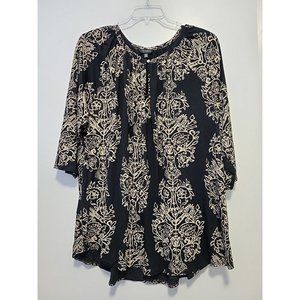 Lucky Brand Women's Black & Beige Floral Blouse 3/4 Sleeve Viscose 3X